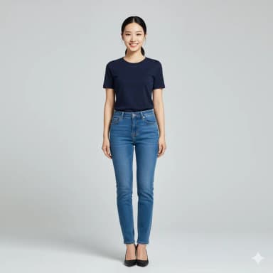 A full-length smart/sophisticated casual photo of a female cabin crew candidate, standing straight and facing the camera with hands relaxed at her sides. She has a natural, happy closed-mouth smile. Her hair is tidy, pulled back behind her ears (can be in a sleek ponytail or bun if preferred for a casual look, but tidy). She wears plain, fitted jeans (not white), a plain fitted t-shirt (not white), and closed-toed high heels. Visible, professional makeup. Feet together, toes pointing forward. Simple, plain background, good lighting, no shadows.