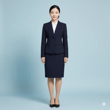 A professional, studio-quality full-length portrait of a female cabin crew candidate. She is standing perfectly straight, facing the camera directly with a natural, happy closed-mouth smile. Her hair is neatly styled in a bun, behind her ears and shoulders. She wears a closed fitted jacket, a knee-length skirt, skin-colored stockings, and closed-toed high heels. Her makeup is visible and professional. Hands are flat by her sides, both legs together, toes pointing forward. The background is a plain white or light blue. No jewelry, glasses, watches, or alterations. Good, even lighting with no shadows.