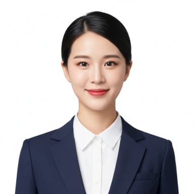 A professional studio-quality passport-sized photo of a female cabin crew candidate, framed from the collarbone to the top of the head. She is looking directly at the camera with a natural, happy closed-mouth smile, highlighted by a subtle yet professional application of red lipstick. Her hair is pulled back neatly into a bun, behind her ears. Visible, professional makeup. She is wearing a white shirt or blouse under a closed fitted jacket. The background is plain white, with excellent, even lighting and no shadows. No accessories, glasses, or alterations.