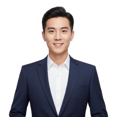A close-up smart/sophisticated casual photo (head to waist) of a male cabin crew candidate, showing a friendly demeanor. He faces the camera directly with a natural closed-mouth smile. His hair is tidy. He is clean-shaven. He is dressed in crisp, dark suite Hands are flat at his sides. The background is a plain white, ensuring excellent clarity and lighting.