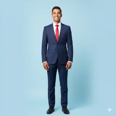 A professional full-length studio portrait of a male cabin crew candidate in formal business attire (closed navy blue suit jacket, white shirt, red tie). He is standing perfectly straight, facing the camera with a warm, natural open-mouth smile. His hair is immaculately groomed and tidy. He is clean-shaven. Hands flat by his sides, both legs together. The background is a clean, plain light blue, brightly and evenly lit.