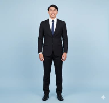 Studio-quality full-length photograph of a male cabin crew candidate in business attire. He has excellent posture, a confident stance, and a genuine, natural open-mouth smile. His hair is impeccably groomed and tidy. He is clean-shaven. He is dressed in a dark, fitted business suit with a closed jacket, a crisp white shirt, and a professional tie. His hands are relaxed by his sides, and his feet are together, pointing forward. A simple, plain light blue background with crisp, even lighting.