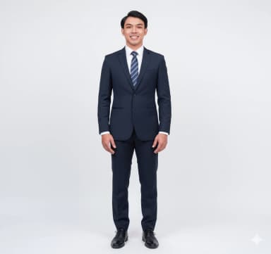 A professional, studio-quality full-length portrait of a male cabin crew candidate. He is standing perfectly straight, facing the camera directly with a natural, happy closed-mouth smile. His hair is neat and tidy. He is clean-shaven. He wears a closed suit jacket, a professional shirt, and a tie. Hands are flat by his sides, both legs together, toes pointing forward. The background is a plain white. No visible piercings, glasses, color contact lenses, watches, or alterations. Good, even lighting with no shadows.